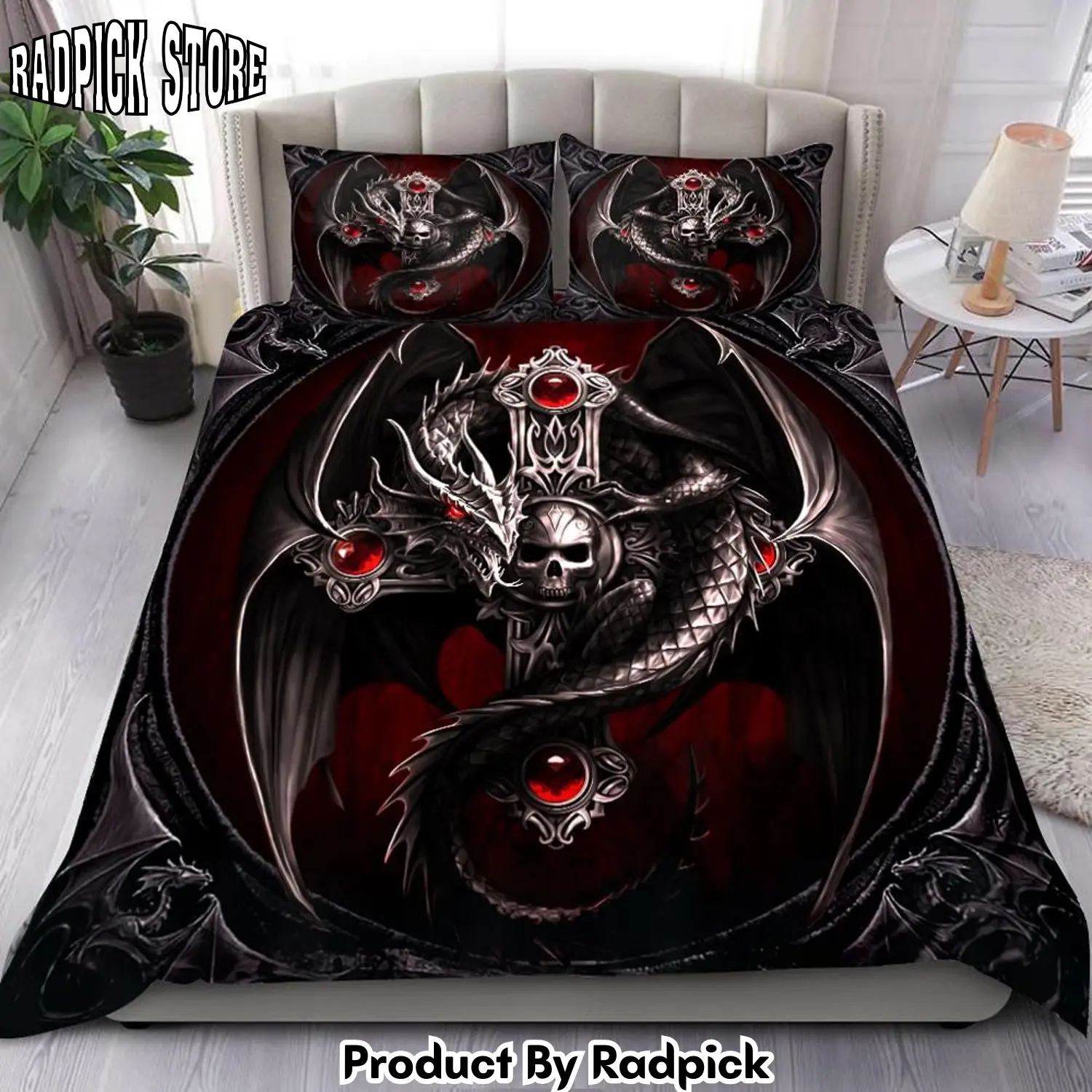 Radpick skull dragon bedding sets red black duvet cover and bed sheets spread rp3272301